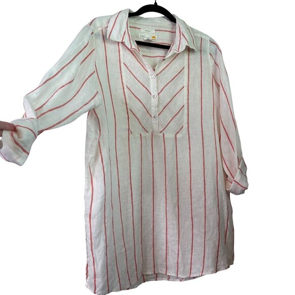 C&C California Women's 100% Linen Orange Striped Pull Over Tunic Top Size Large - Picture 1 of 11